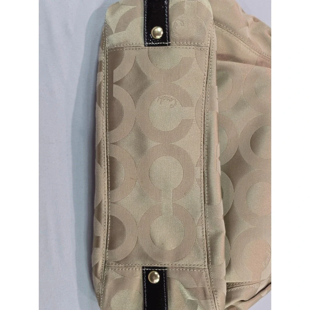Coach Signature Jacquard Hobo Bag Khaki Brown Patent Leather 14305 Shoulder Bag